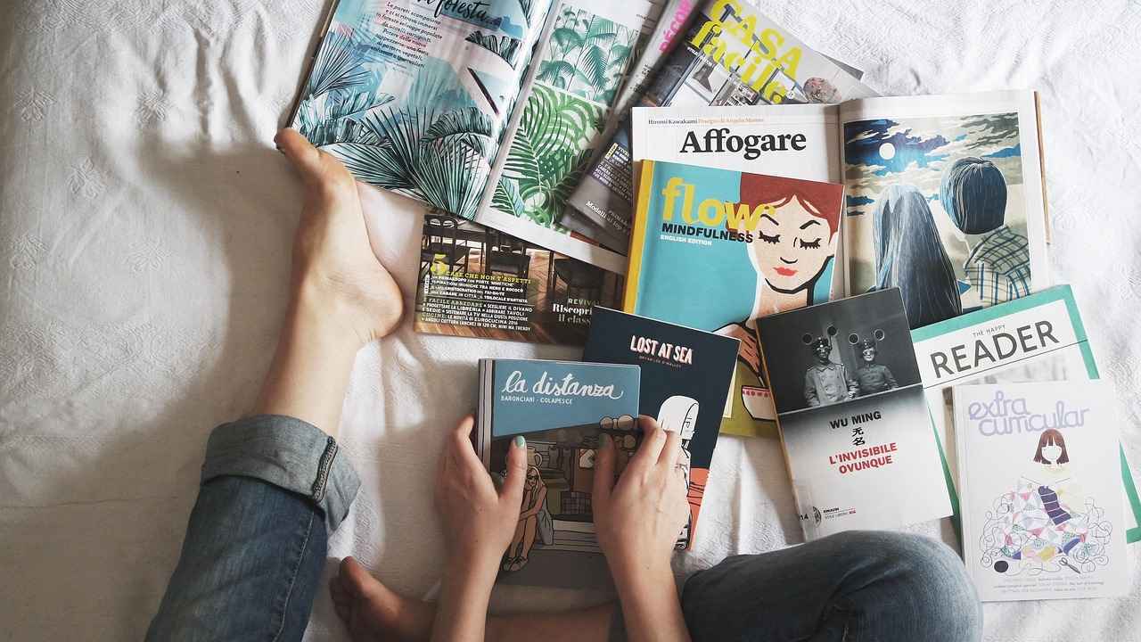 viele Verscheidene Zeitschriften und Bücher auf dem Bett verteilt