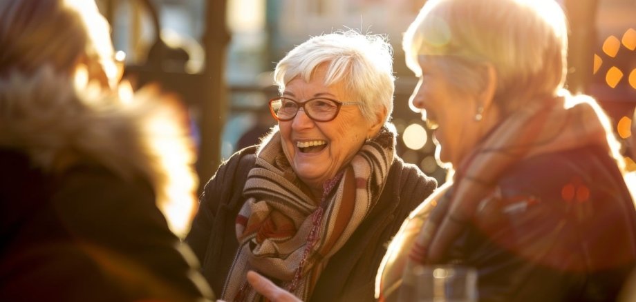 Drei Frauen stehen zusammen, erzählen und lachen
