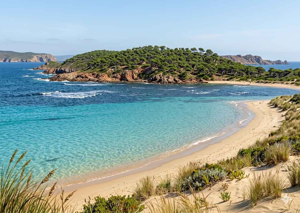 Bild/Foto einer Insel am Meer, man sieht Sandstrand, Bäume die Insel und das Meer.