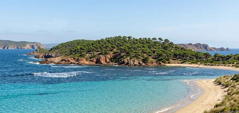 Bild/Foto einer Insel am Meer, man sieht Sandstrand, Bäume die Insel und das Meer.