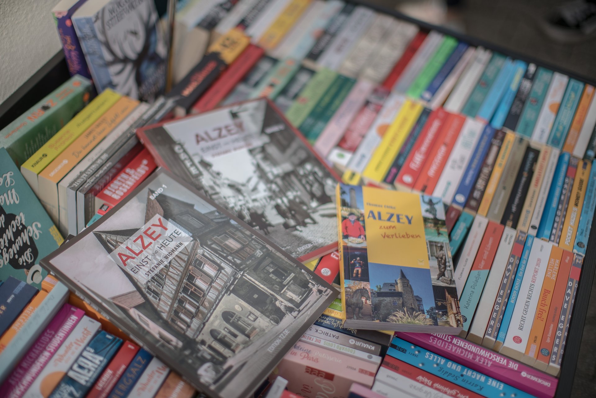 Foto des Frühlings-Büchermarktes, zu sehen sind verschiedene Bücher zu allerlei Themen