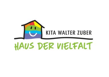 das neue Logo der Kita Walter Zuber mit einem bunten Haus, mit lachendem Gesicht und der Unterschrift in grün: Haus der Vielfalt