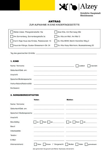 Antrag zur Aufnahme in eine Kindertagesstätte