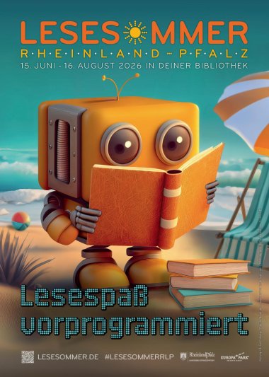 Flyer für den Vorlesesommer mit einen kleinen Robtoer, der etwas aus einem Buch vorliest in den Farben orange und gelb