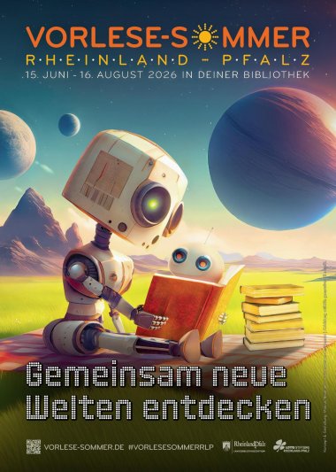 Flyer für den Vorlesesommer mit einen kleinen Robtoer, der etwas aus einem Buch vorliest in den Farben orange und gelb