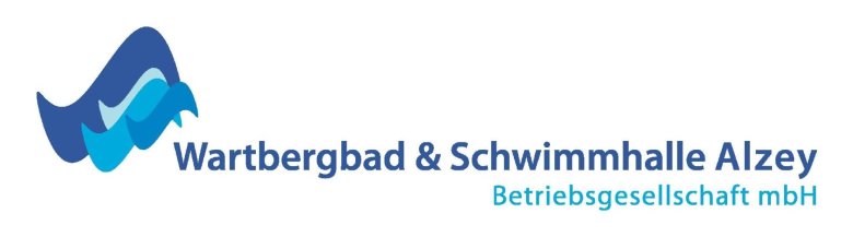 Auf dem Bild sieht man das Logo des Alzeyer Wartbergbads. Dieses besteht aus vier Wellen. Die im Hintergrund ist dunkelblau, dann folgen zwei hellere im Vordergrund und ganz vorne ist eine mittelblaue zu sehen. Rechts daneben steht der Schriftzug Wartbergbad und Schwimmhalle Alzey . Darunter steht in Hellblau Betriebsgesellschaft mbH.in dunkelblau