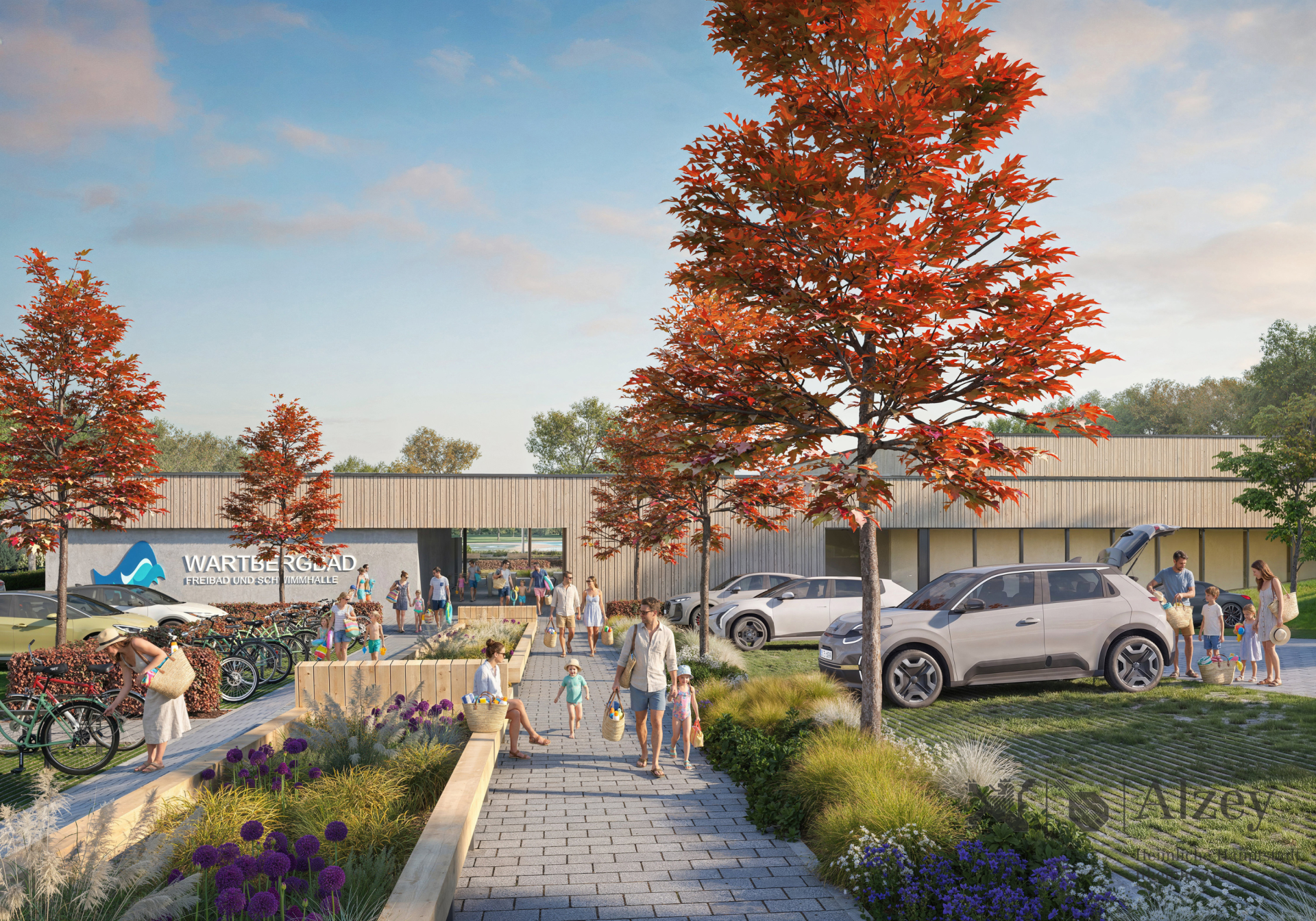 ein Entwurf für das neue Alzeyer Hallenbad vom Parkplatz aus