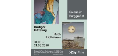 Abgebildet ist ein Plakat mit zwei Bildern der Künstler Rüdiger Dittewig und Ruth Hoffmann für unsere Vernissage, rechts steht grau hinterlegt Galerie im Burggrafiat