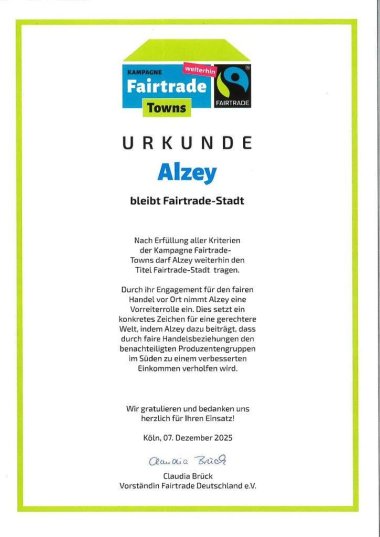 Urkunde für die Stadt Alzey als Fairtrade-Stadt