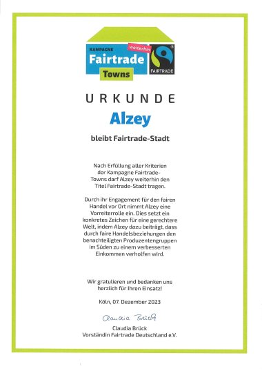 Kampagne Fairtrade Towns Urkunde an Alzey, bleibt Fairtrade-Stadt