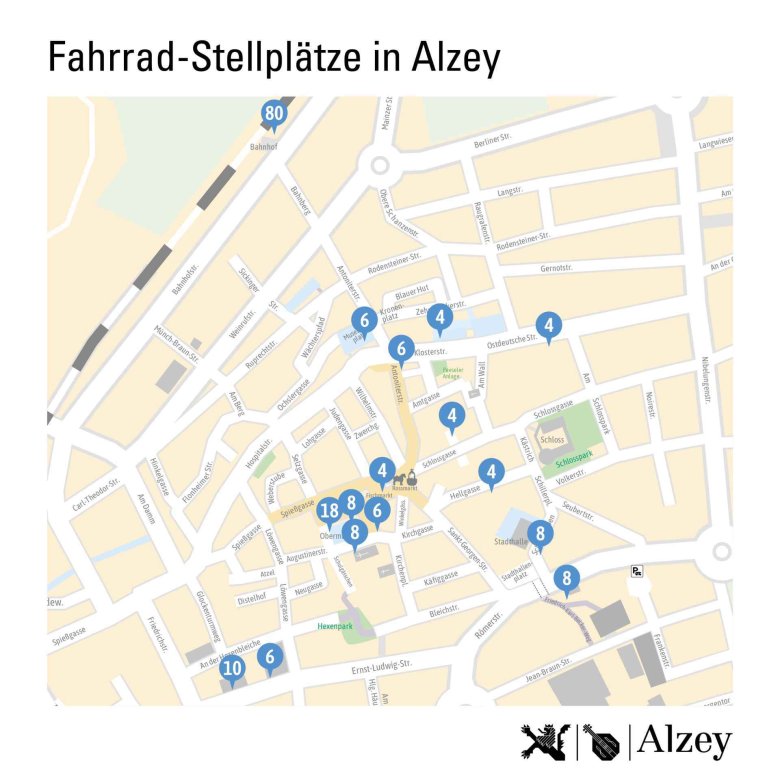 eine Karte mit Standorten für das Fahrradparken in Alzey