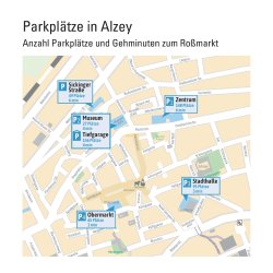 Man sieht einen Parkplatzplan von Alzey mit der Anzahl an Parkplätzen und der jeweiligen Gehminuten zum Rossmarkt.
