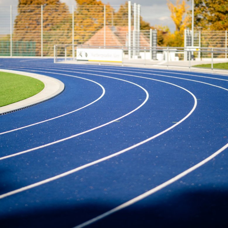 Auf dem Bild ist der neue Sportplatz dargestellt. Links sieht man ein bisschen von dem grünen Rasenplatz und rechts nebendran befindet sich die neue blaue Tartanbahn.