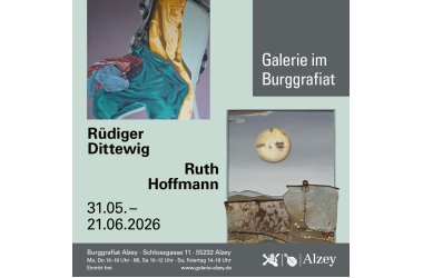 Abgebildet ist ein Plakat mit zwei Bildern der Künstler Rüdiger Dittewig und Ruth Hoffmann für unsere Vernissage, rechts steht grau hinterlegt Galerie im Burggrafiat