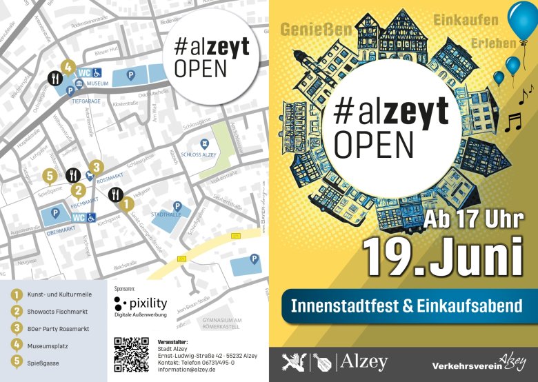 Programmflyer_A5 2026.indd Flyer für die Veranstaltung Alzeyt Open mit einer Stadtkarte