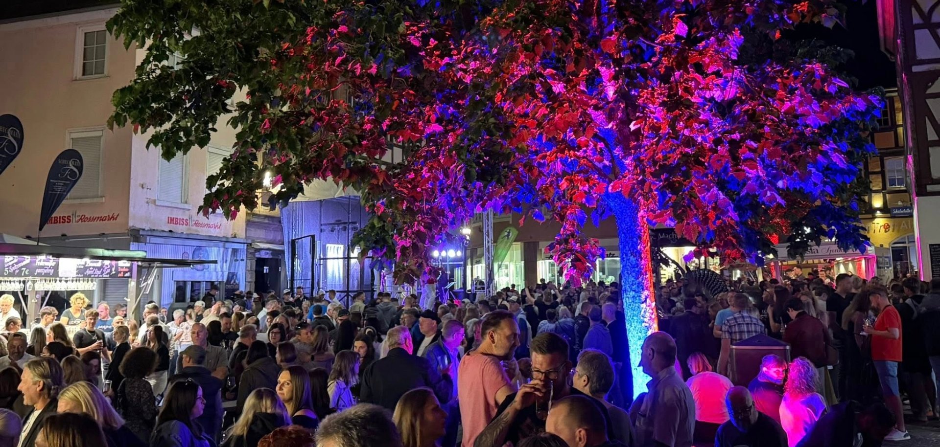 auf dem Alzeyer Roßmarkt stehen viele Menschen vor einer Bühne, viele von Ihnen halten ein Glas Wein in der Hand