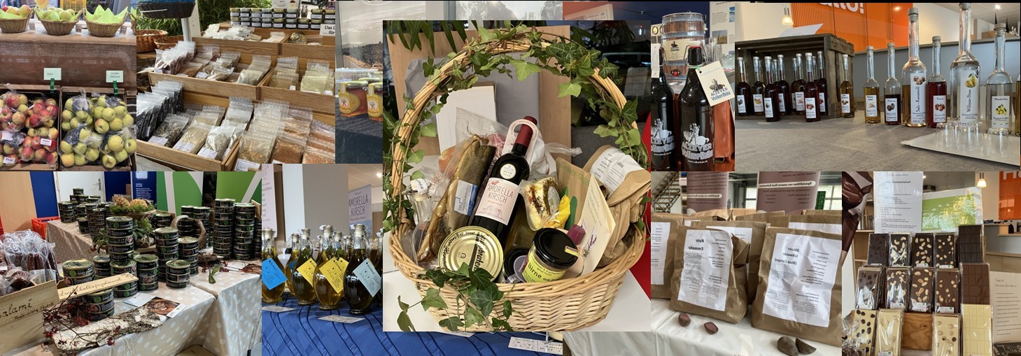 Eine Fotosammlung der Lebensmittel, die auf den Verbrauchertagen angeboten wurden. Dabei ist Wein, Obst, Wursrt und einiges mehr.