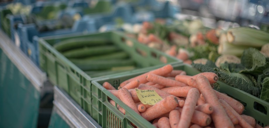 Verschieden Kisten mit Gemüse auf dem Alzeyer Wochenmarkt