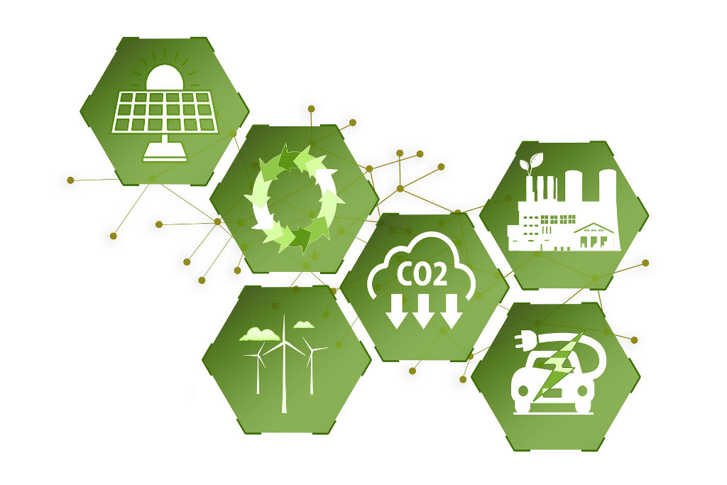 Sechs Grüne Sechsecke mit darstellungen zu grüner Energiegewinnung