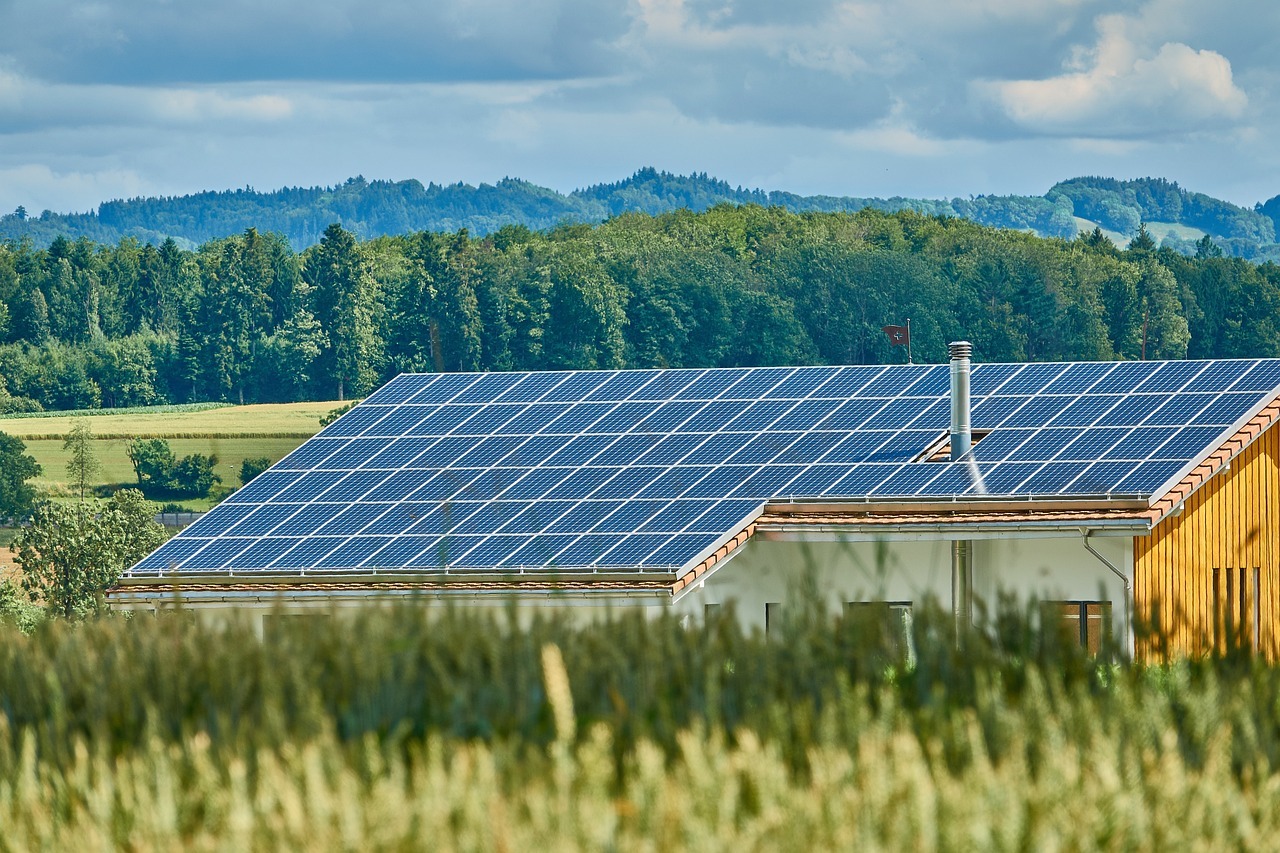 Eine große Halle, auf deren Dach großflächig Photovoltaikplatten zu sehen sind.