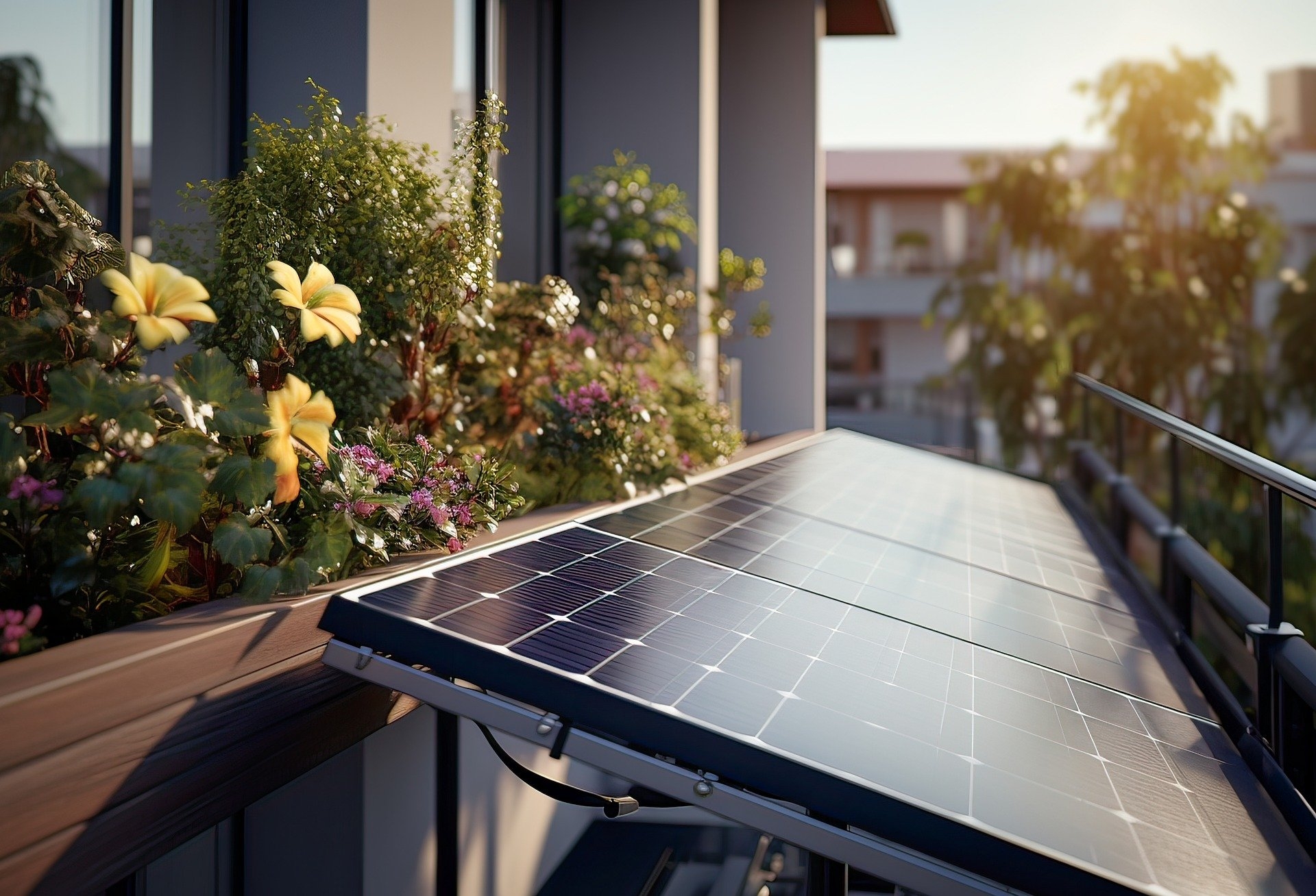 Eine Solarzelle auf dem Balkon einer Wohnung.