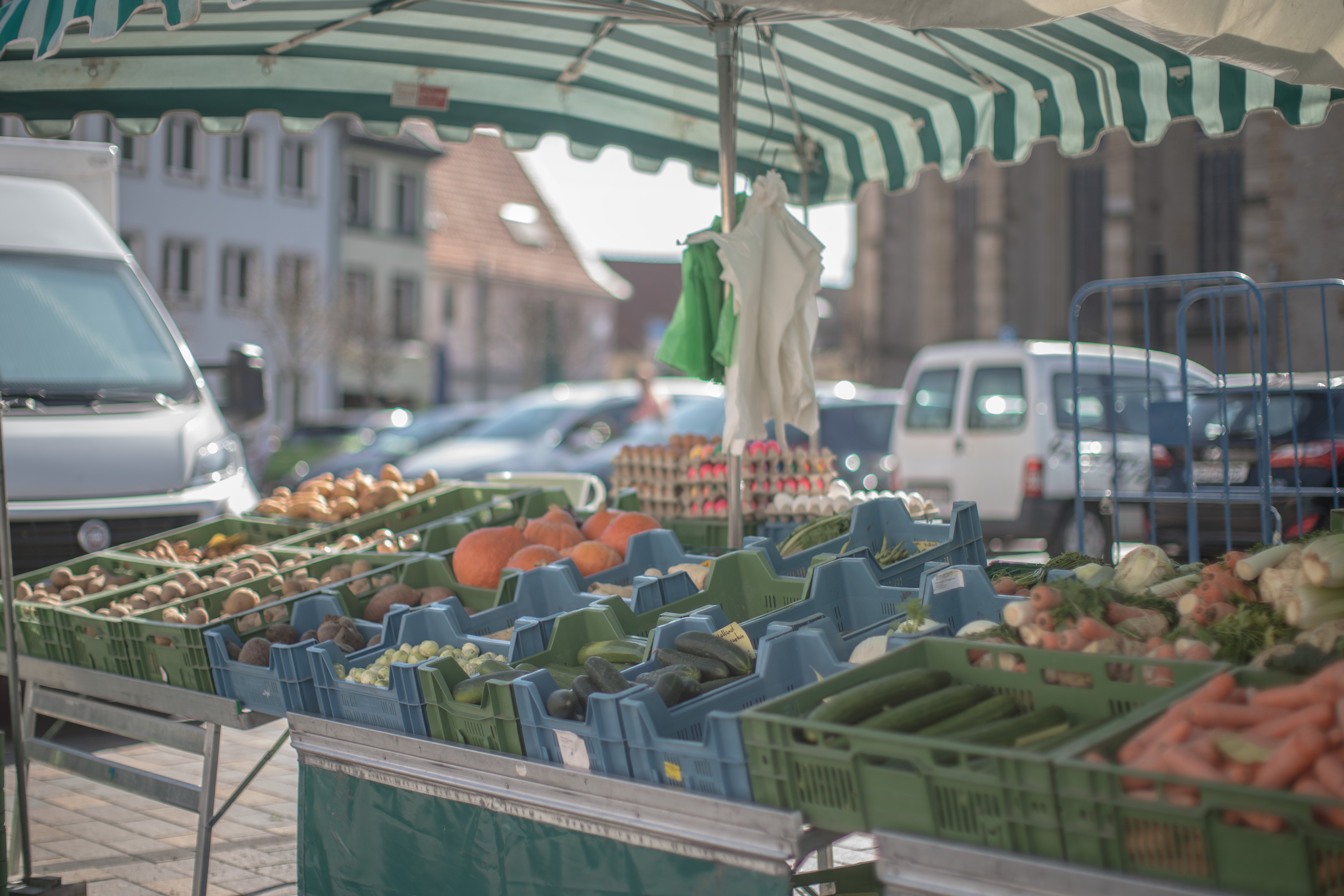 Ein Marktstand auf dem Alzeyer Wochenmarkt mit frischem Gemüse, wie z.B. Kartoffeln, Kürbisse, Lauch, Karotten, etc.