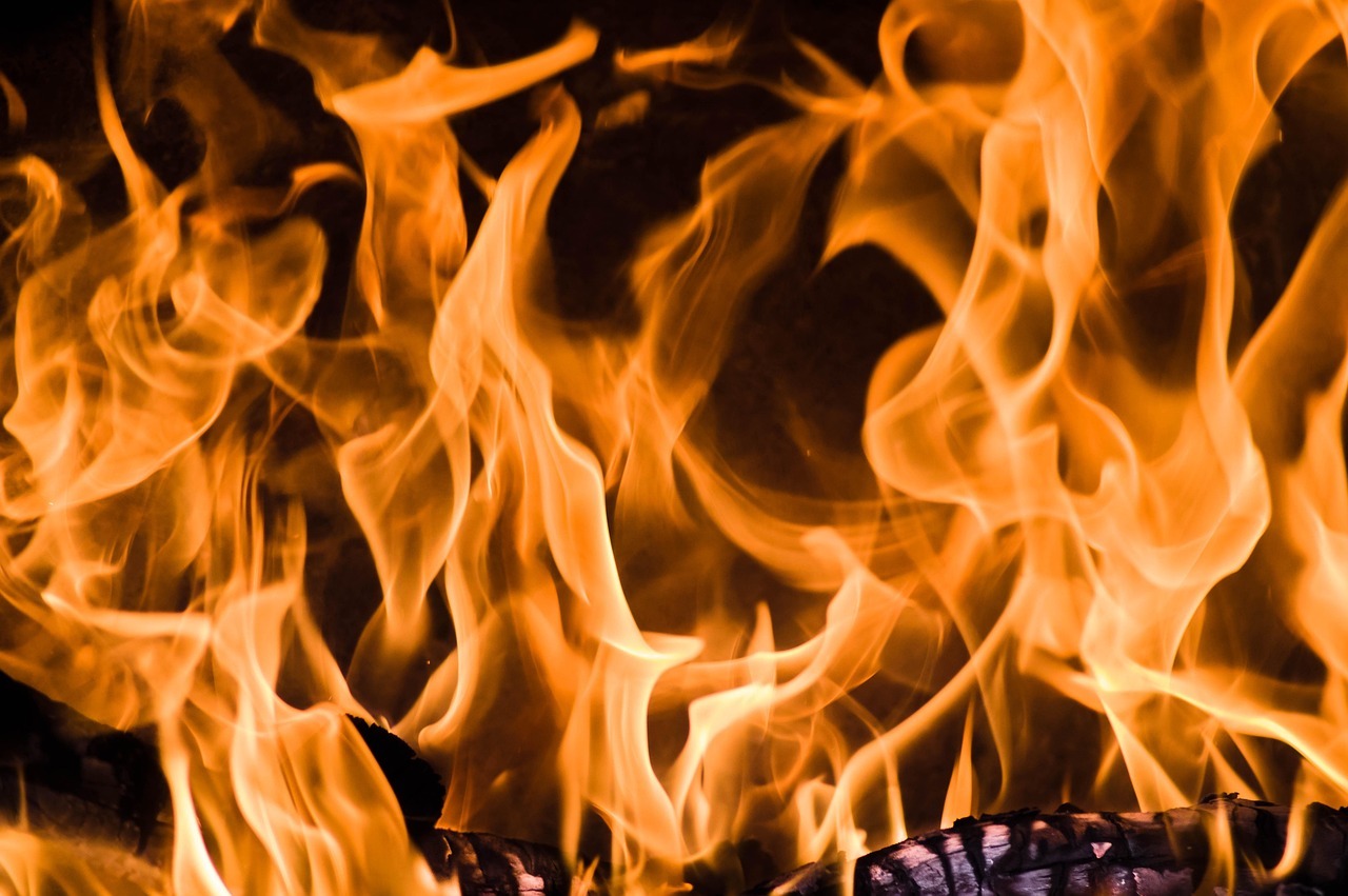 Auf dem Bild sind hell brennende Flammen abgebildet. Darunter liegt Brennholz.