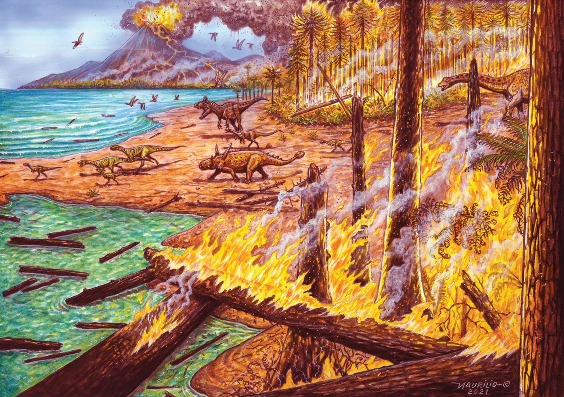 gemalter Waldbrannt, mit Vulkanausbruch und Dinos