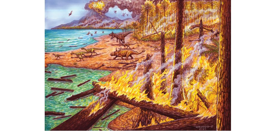 gemalter Waldbrannt, mit Vulkanausbruch und Dinos