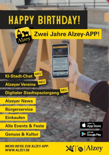 Flyer neue Funktionen in der Alzey App zum 2 Jährigen bestehen