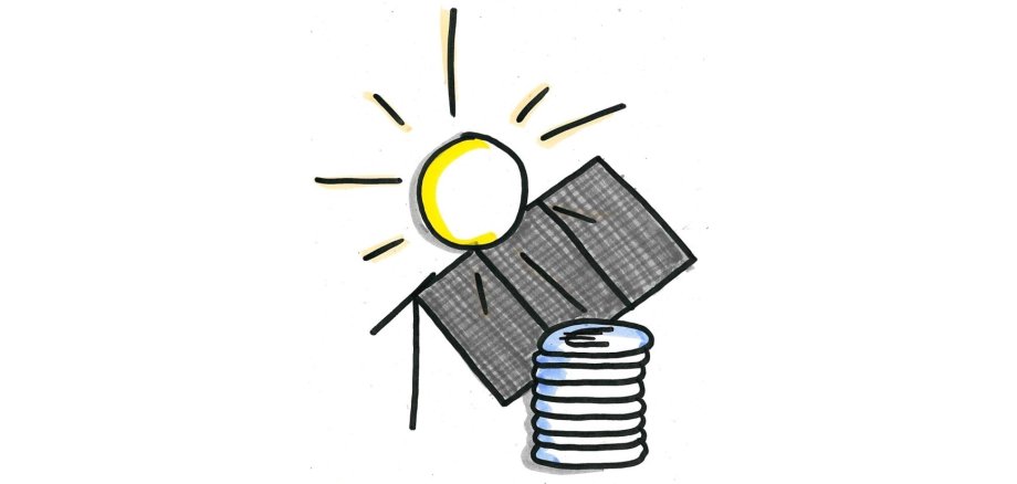 Eine einfache karikatur von der Sonne, Solaranlage und Münzen.
