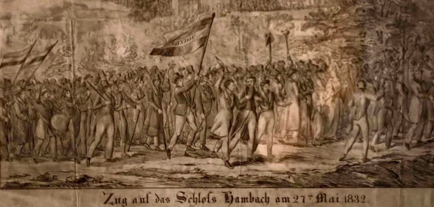 Alte Zeichnung vom Zug auf das Schloss Bambach am 27. Mai 1832
