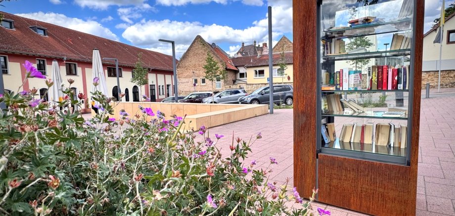 ein öffentlich zugängliches Bücherschrank auf dem Platz vor der Stadthalle