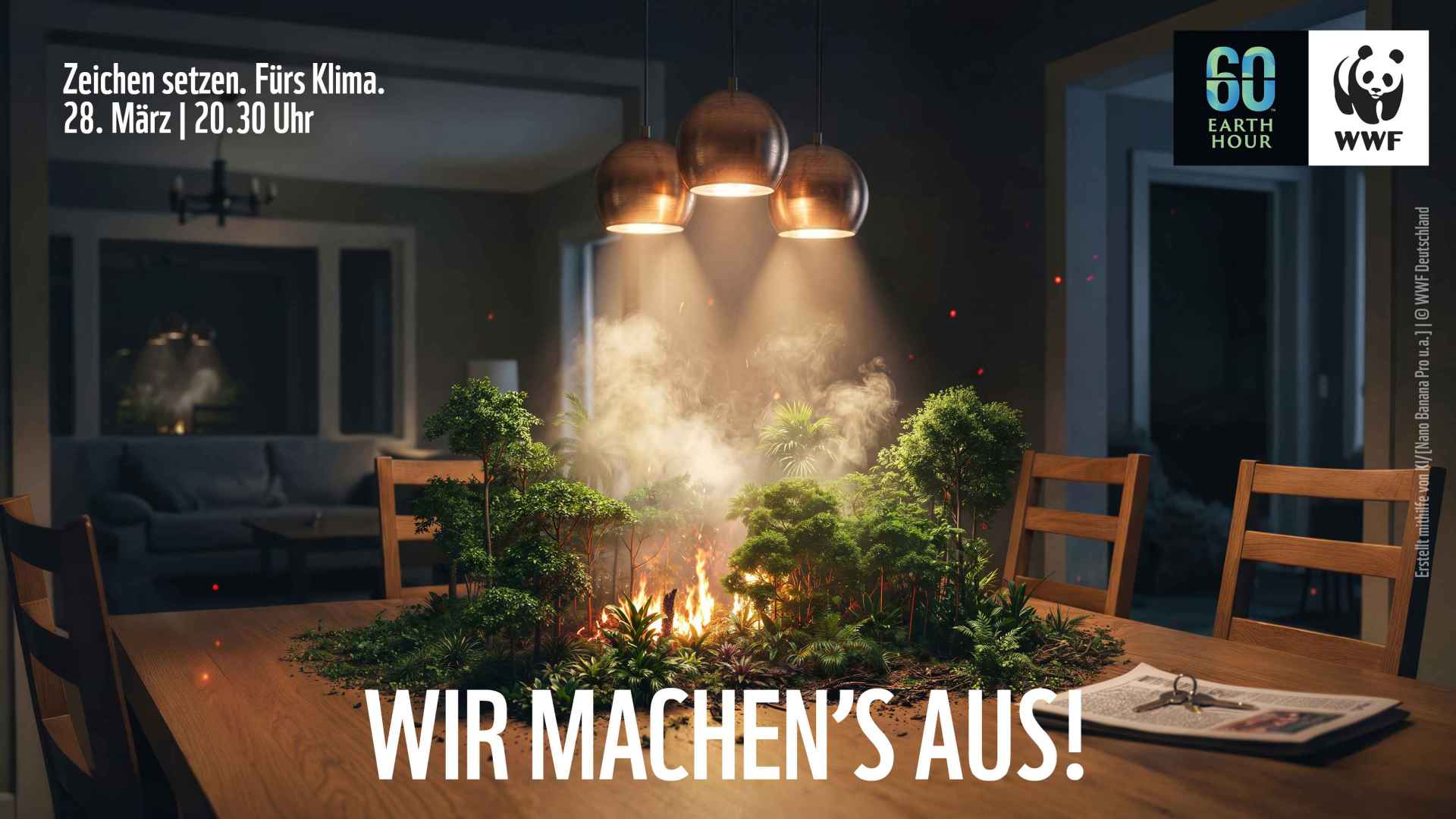 Ein KI-erstelltes Werbebild für die WWF Deutschland, man sieht einen mini Waldbrand in einem Wohnzimmer auf einem Holztisch.