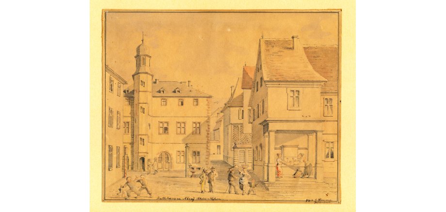 Zeichnung von Wimmer Carl zu sehen ist der Fischmarkt, und das Rathaus von der 2. Hälfte des 19. Jh.