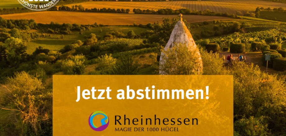 Trullo im Sonnenuntergang mit Schrift: Jetzt abstimmen!