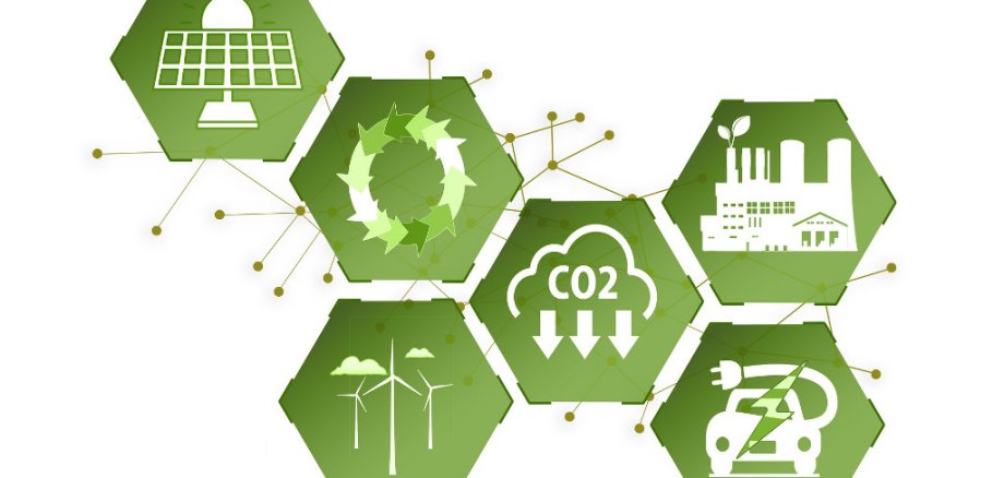 Sechs Grüne Sechsecke mit darstellungen zu grüner Energiegewinnung