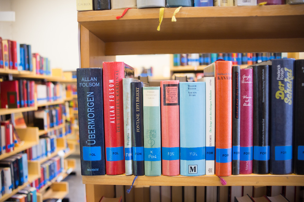 Bücher im Regal der Stadtbücherei Alzey