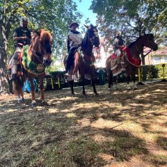 Drei Personen reiten auf Pferden beim Römerfest