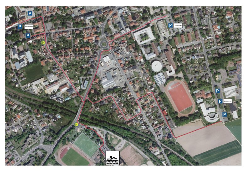 Eine Stadtkarte von Alzey, in der Parkplätze und Laufwege eingezeichnet sind.