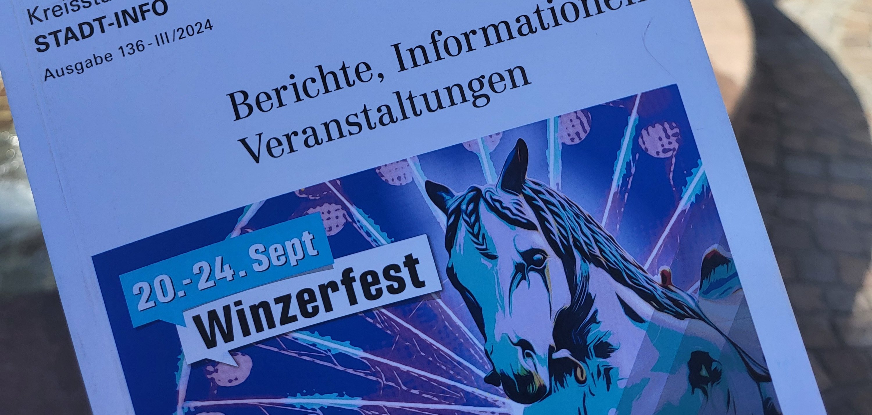 Eine Hand hält ein Heft in der Hand. Im Hintergfrund der Roßmarktbrunnen mit Pferd Max