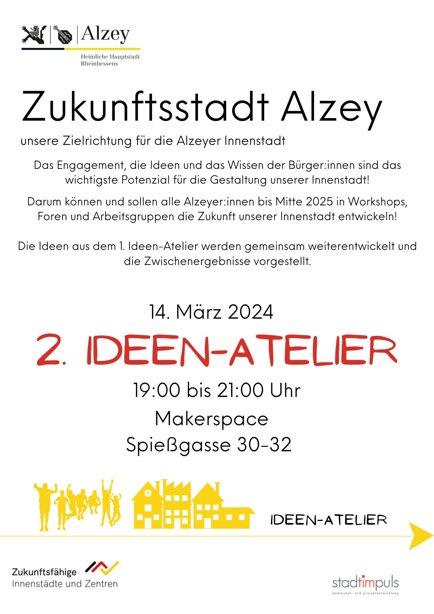 Das Plakat zum 2. Ideen-Atelier, in dem es um die Zukunft der Innenstadt geht.