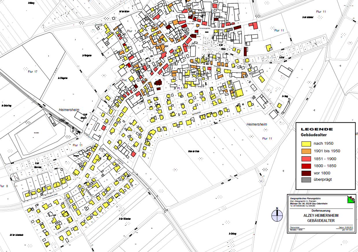 Eine Karte von Heimersheim, welche das Alter der Gebäude aufzeigt.