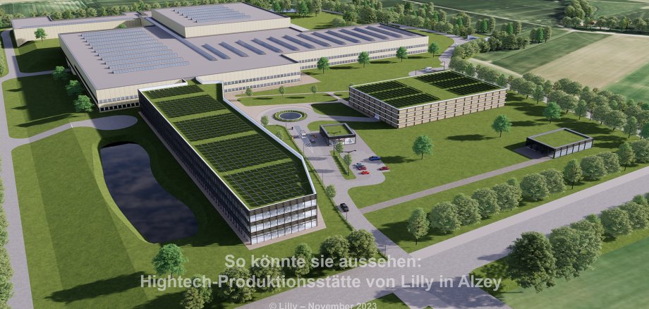 Mehrere Fabrikgebäude mit Dachbegrünung und Grünanlagen zeigen das neue Werk von Eli Lilly in Alzey.