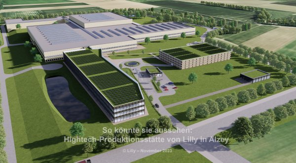 Mehrere Fabrikgebäude mit Dachbegrünung und Grünanlagen zeigen das neue Werk von Eli Lilly in Alzey.