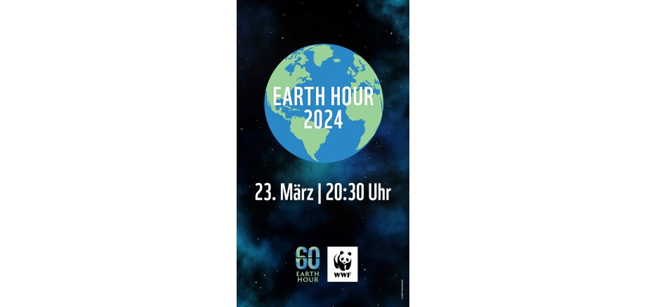 Das Plakat der diesjährigen Earth Hour ezeigt die Erdkugel im Weltraum. Darunter stehen das Datum 23. März und die Uhrzeit 20:30 Uhr.
