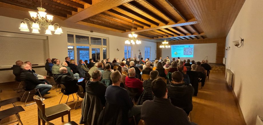 Viele Menschen sitzen in einem Saal und schauen auf die Präsentation zum möglichen Nahwärmenetz in Heimersheim