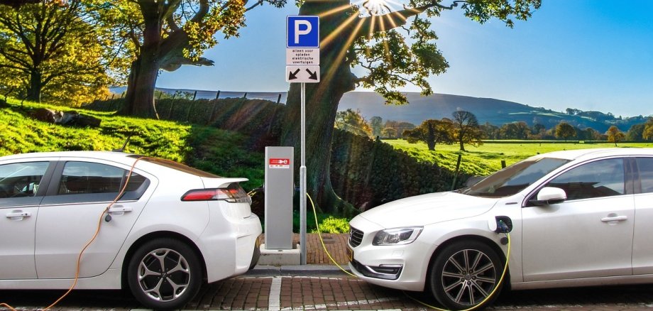 Zwei Elektroautos stehen an einer Ladesäule. Die Sonne scheint durch die Bäume.