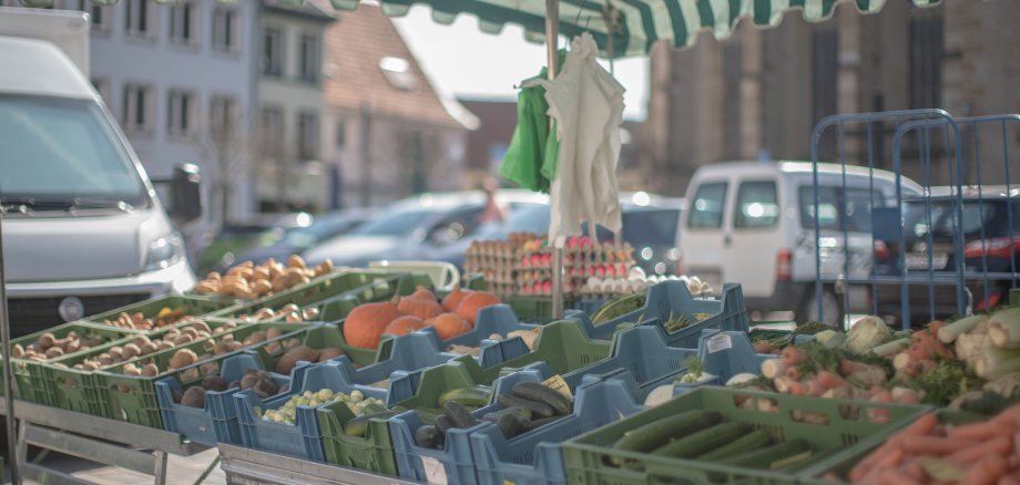 Ein Marktstand auf dem Alzeyer Wochenmarkt mit frischem Gemüse, wie z.B. Kartoffeln, Kürbisse, Lauch, Karotten, etc.