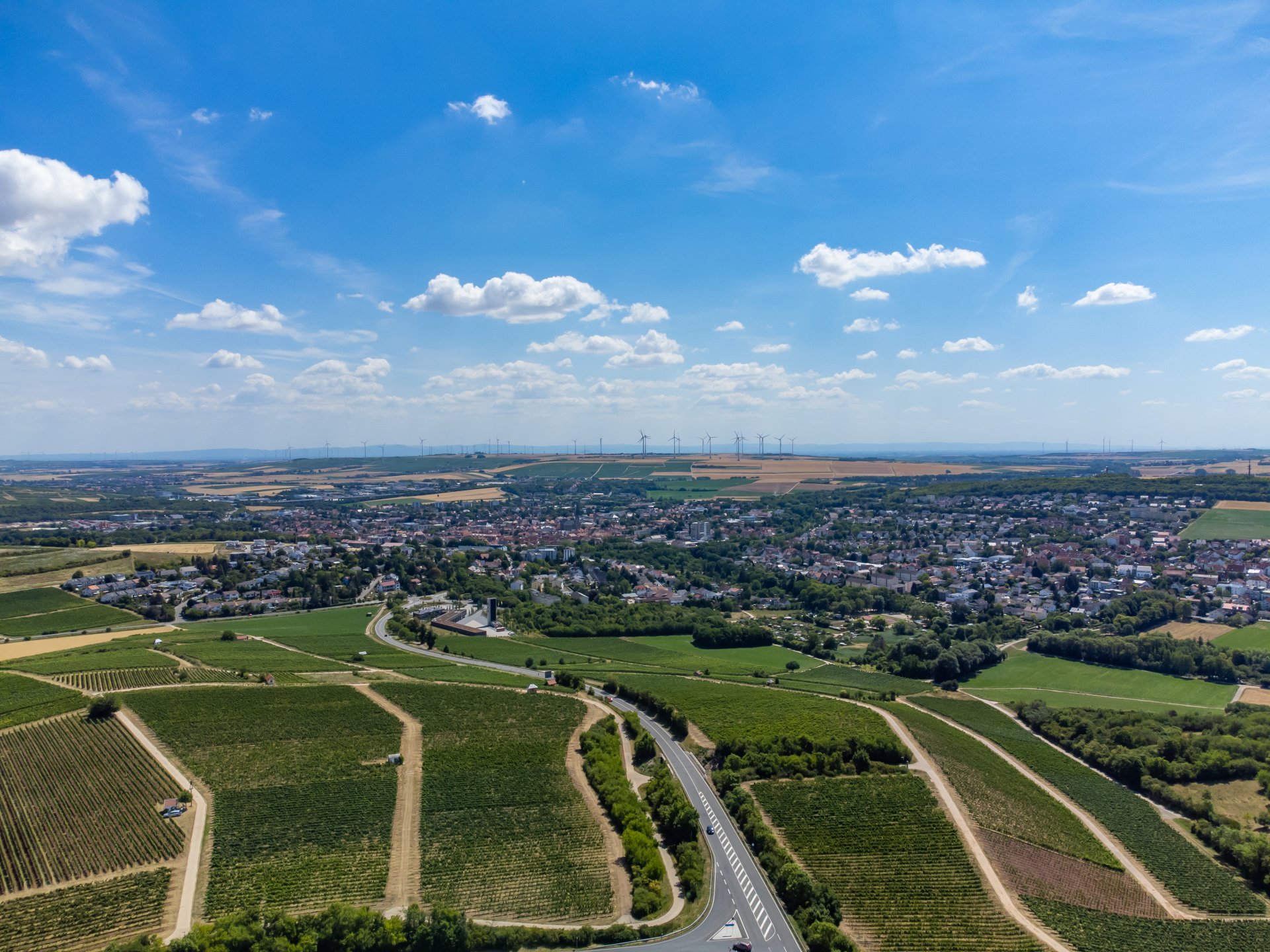 Blick auf Alzey aus der Vogelperspektive mit vielen grünen Feldern